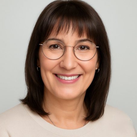 Tina Rittner Virtuelle Assistentin Porträt einer lächelnden Frau mit Brille und braunem Haar, in neutralem Hintergrund.